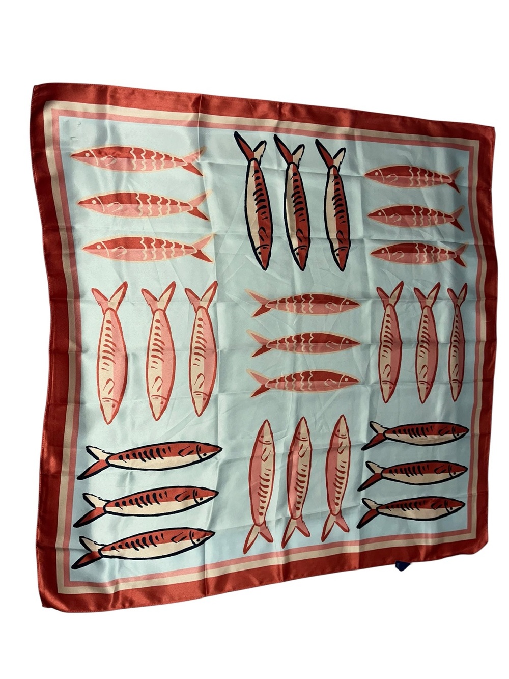 Silk-Feel Fish Pattern Scarf in Coral and Light Blue